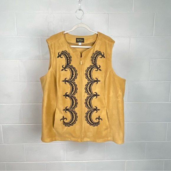 Bob Mackie Wearable Art Faux Fur Vest Women's‎ 3X Tan Gold Embroidered Y2K Zip - Picture 1 of 9